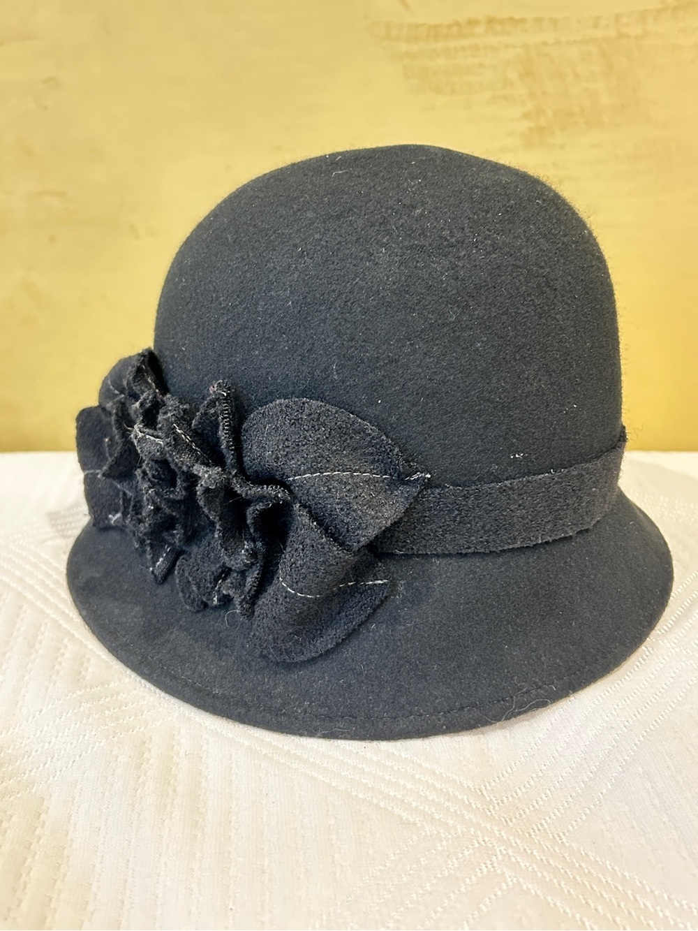 Bianca Nygard Black Felt Cloche Hat with Floral Accent